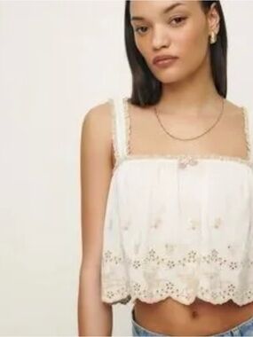Reformation Broderie Anglaise Cream Eyelet Square-Neck Crop Top Size Small